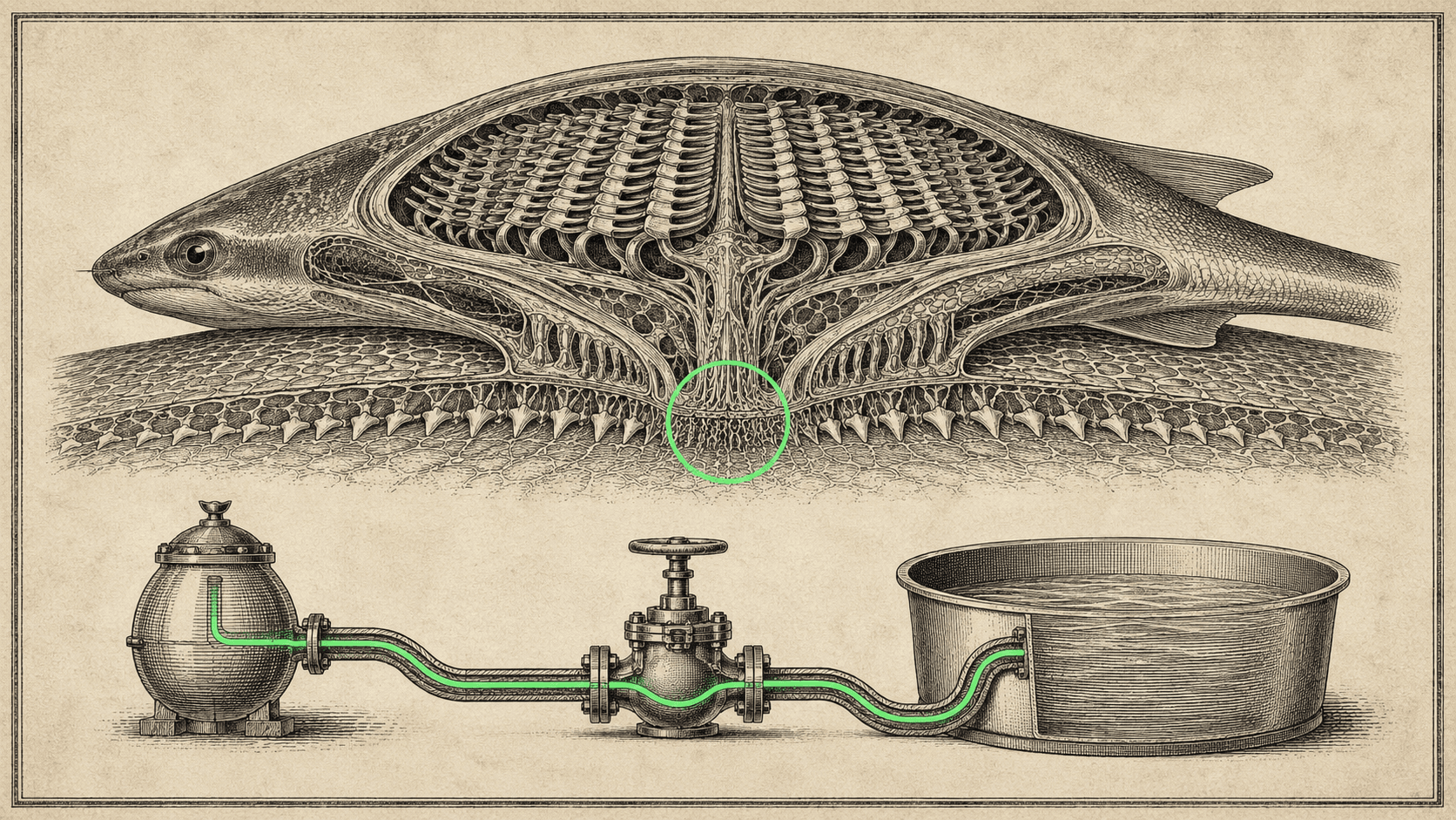 Cross-section of the shoal's gill-basket accounting: the Host's tank feeds through a valve into the shoal's basin, in exact proportion.